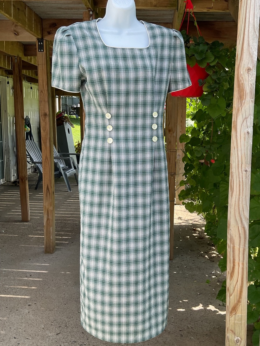 Vintage 90s My Michelle Green Plaid Midi Dress Puff Sleeve Square Neck 7/8